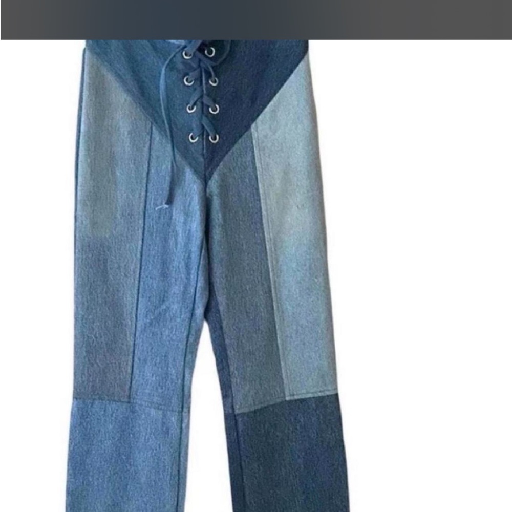 Patchwork Lace-Up High-Waist Jeans in Multi Blue